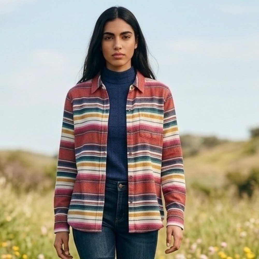 Womens XL Shirt Multi Color Stripe Cotton Button Down Southwestern Grunge Boho